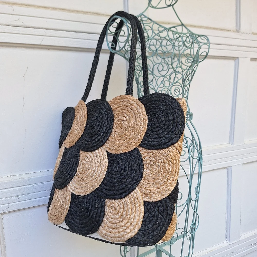 Woven Wicker Bag Purse Natural Jute Large Modern Tote Beach Uptown Shoulder Bags - Picture 3 of 16